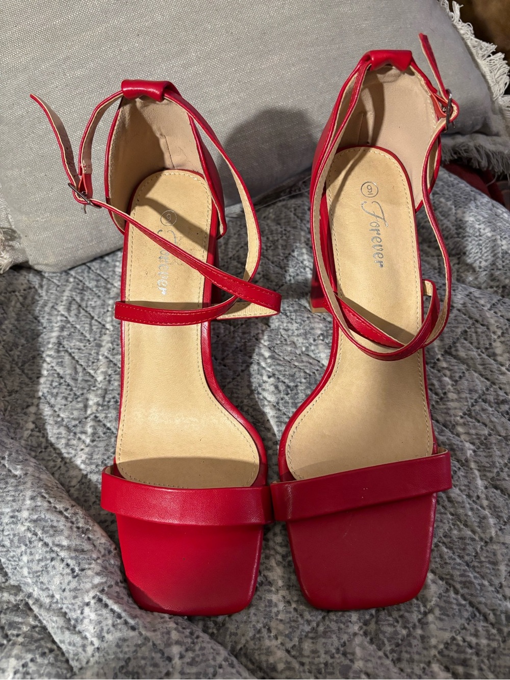 Forever 21 Red Strappy Square-Toe Block Heels